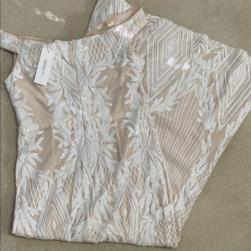 Elegant Beige and White sequined Embroidered Dress - Picture 6 of 7